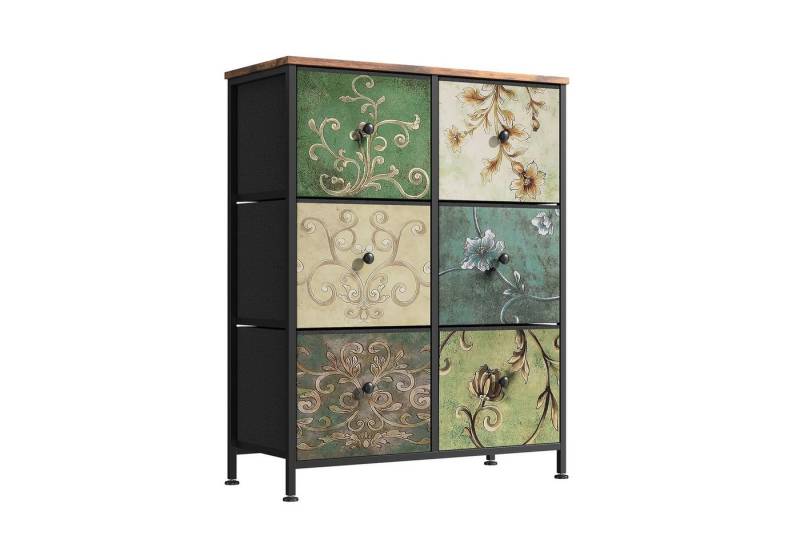 FUROKOY Kommode Vintage Stoffkommode Sideboard mit klappbaren Stoffschubladen (Mehrzweckschrank Aufbewahrungsschrank Holzoptik, Retro-schubladenschrank für Arbeitszimmer Flur Wohnzimmer Schlafzimmer), 6 Stoffschubladen von FUROKOY