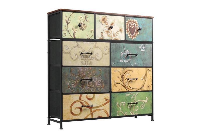 FUROKOY Kommode Vintage Stoffkommode Sideboard mit klappbaren Stoffschubladen (Mehrzweckschrank Aufbewahrungsschrank Holzoptik, Retro-schubladenschrank für Arbeitszimmer Flur Wohnzimmer Schlafzimmer), 9 Stoffschubladen von FUROKOY
