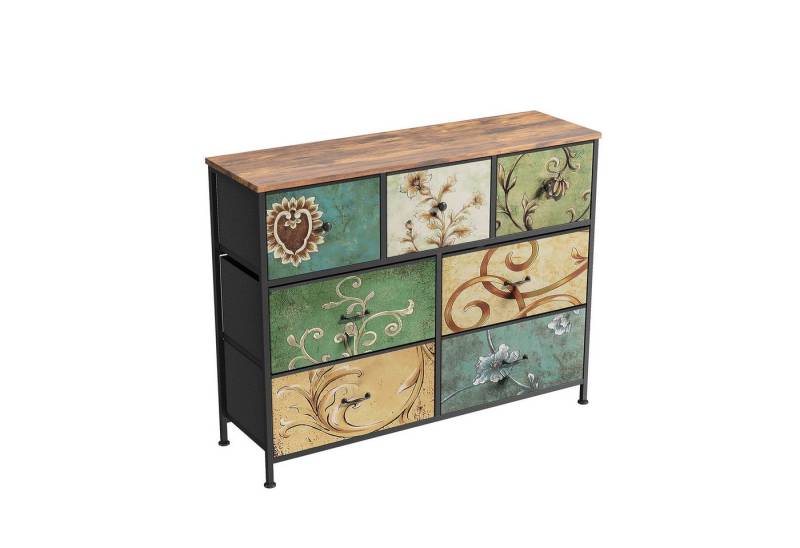 FUROKOY Kommode Vintage Stoffkommode Sideboard mit klappbaren Stoffschubladen (Mehrzweckschrank Aufbewahrungsschrank Holzoptik, Retro-schubladenschrank für Arbeitszimmer Flur Wohnzimmer Schlafzimmer), 7 Stoffschubladen von FUROKOY