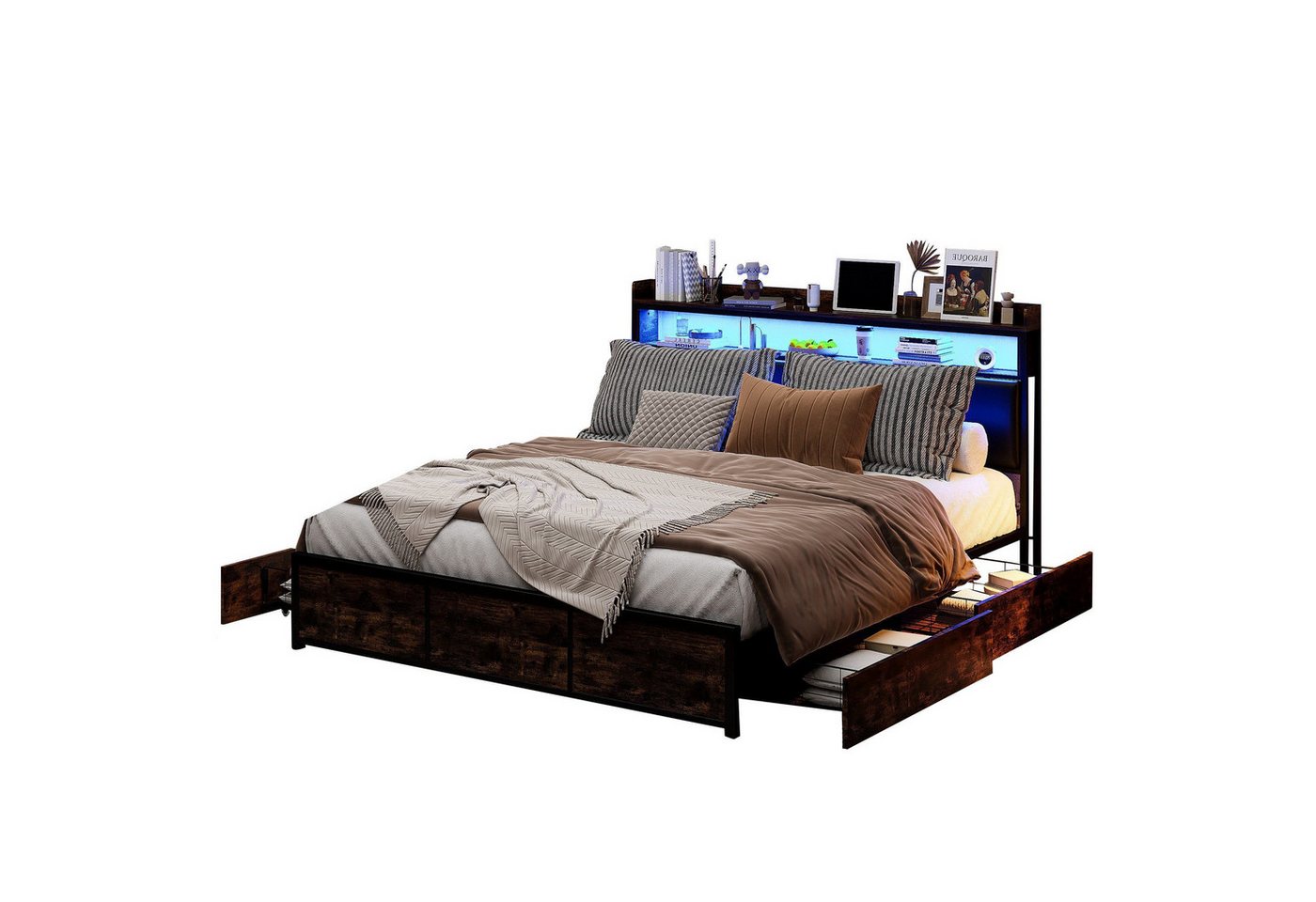 FUROKOY Metallbett Polsterbett LED Doppelbett Stauraumbett Holzbett (Packung, Jugendbetten,Massivholzbett,mit Metall), 140x200cm,mit 4 Schubladen,Mit Matratze von FUROKOY