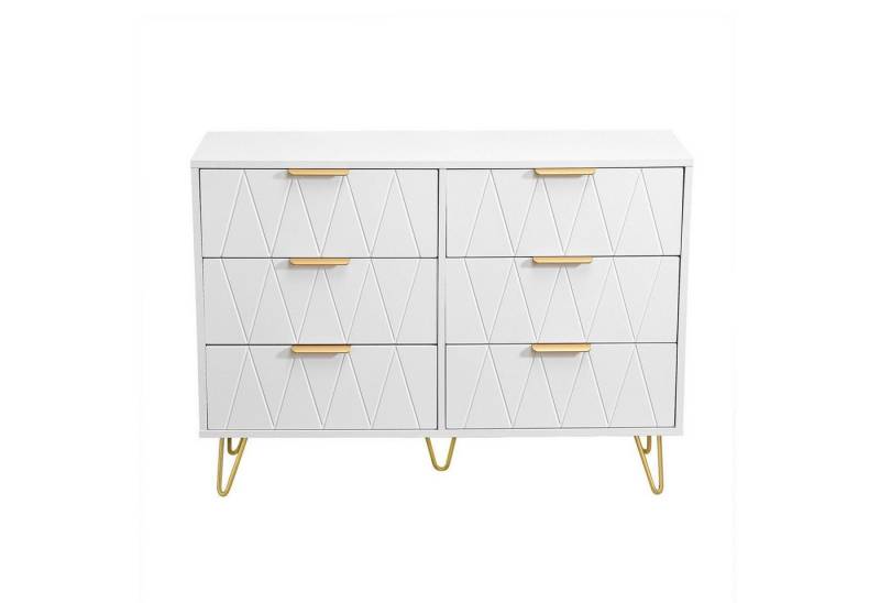 FUROKOY Nachttisch Weiß Kommode mit 6 Schubladen, Nachtkommode mit Rautenmuster (Sideboard,100 cm breit, Beistelltisch mit Metallgriffen & Metallfüßen), Anrichte für Schlafzimmer,Wohnzimmer(100x34x72.5cm),Weiß Gold von FUROKOY