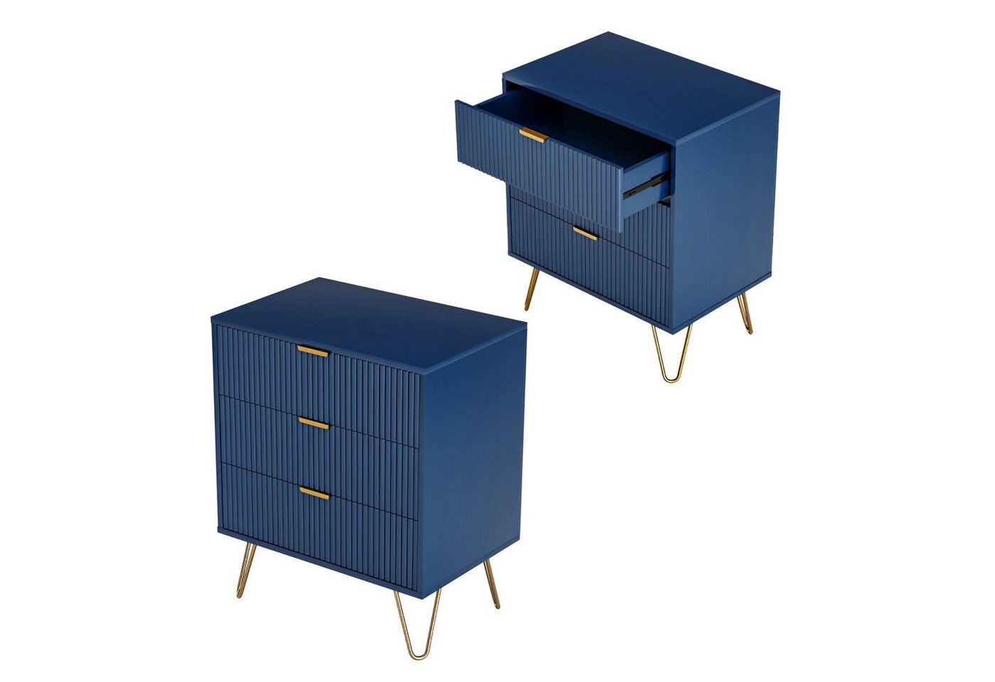 FUROKOY Nachttisch Nachttisch 2er set mit 3 Schubladen,Beistelltisch mit Metallbeine, (klassischen Elementen Schrank mit Metallgriffe,Dunkelblau), 60 x 40 x 70 cm Schubladenschrank für Schlafzimmer Flure Wohnzimmer von FUROKOY