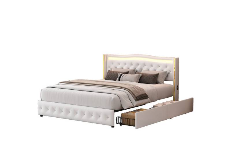 FUROKOY Polsterbett Doppelbett Einzelbett Mit Schubladen und stimmungsvoller Beleuchtung (Packung, 1-tlg., 140x200cm,weiß), mit USB-Anschluss, Steckdosen an beiden Seiten von FUROKOY