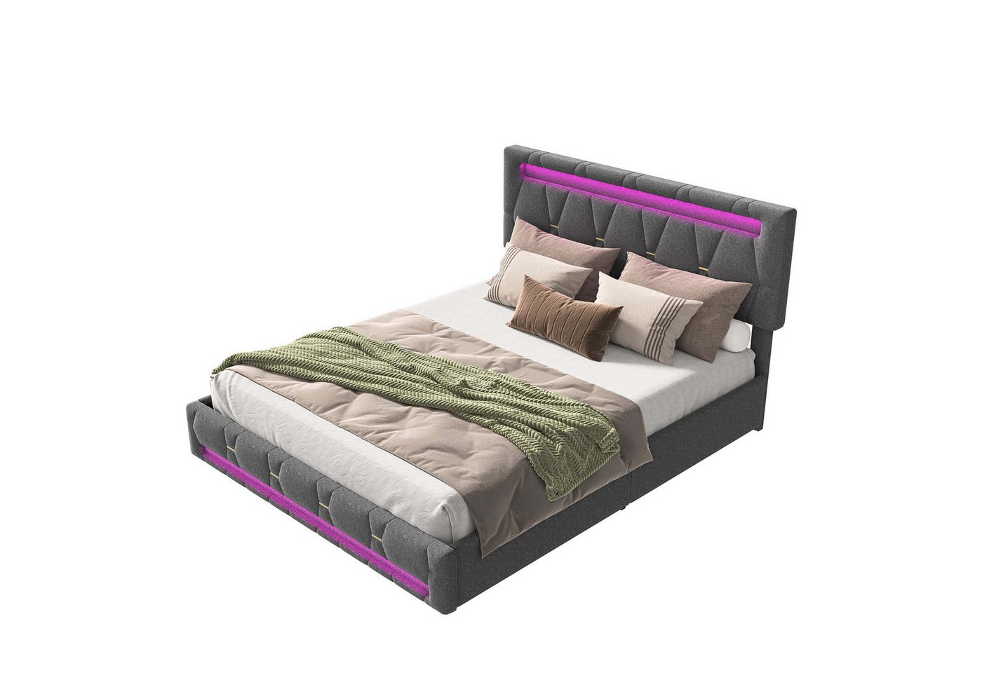 FUROKOY Polsterbett Doppelbett Einzelbett Mit Schubladen und stimmungsvoller Beleuchtung (Packung, 1-tlg., 160x200cm, grau), Höhenverstellbares Kopfteil von FUROKOY