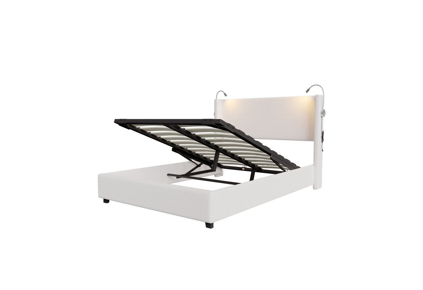 FUROKOY Polsterbett 140x200cm, Hydraulisch Doppelbett mit Leselicht und USB Ladefunktion (Kopfteil, Stauraumbetten Bettgestell mit Lattenrost), Corduroy Jugendbett, Ohne Matratze, Beige von FUROKOY