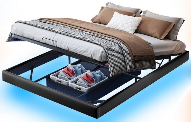 FUROKOY Polsterbett 160x200cm Polsterbett LED schwebende Bett ohne Kopfteil (Doppelbett, Jugendbett, Stauraumbett mit Aufbewahrungsboxen aus Vliesstoff), hydraulisches Doppelbett aus Kunstleder von FUROKOY
