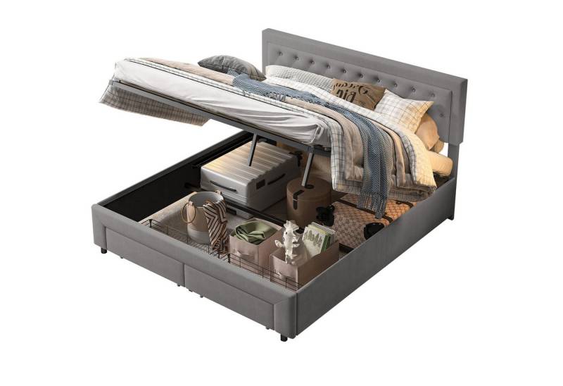 FUROKOY Polsterbett Boxspringbett Hydraulisches Doppelbett (Set, 1-tlg., 160x200 cm), mit Stauraum und 2 Schubladel,Samt,Grau von FUROKOY