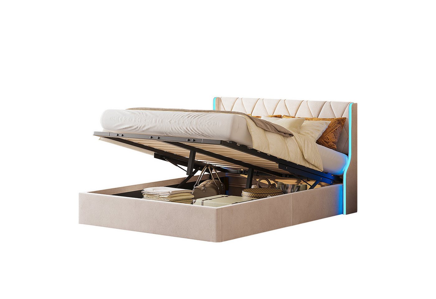 FUROKOY Polsterbett Boxspringbett Hydraulisches Doppelbett LED Licht, 140x200 cm,mit Stauraum,Samt,Beige von FUROKOY