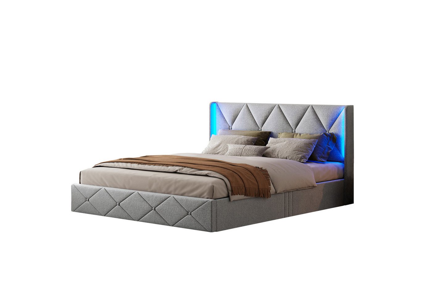 FUROKOY Polsterbett Boxspringbett Hydraulisches Doppelbett LED Licht, 140x200 cm,mit Stauraum,Samt,Eisgrau von FUROKOY
