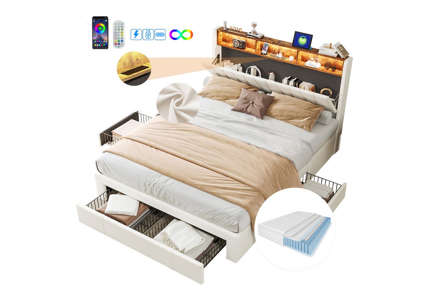 FUROKOY Polsterbett Doppelbett,Funktionsbett Stauraumbett mit LED-Licht (Set, 1-tlg., mit 4 Schubladen), 160x200 cm, ausziehbare Bettkästen, Beige,mit Matratze von FUROKOY