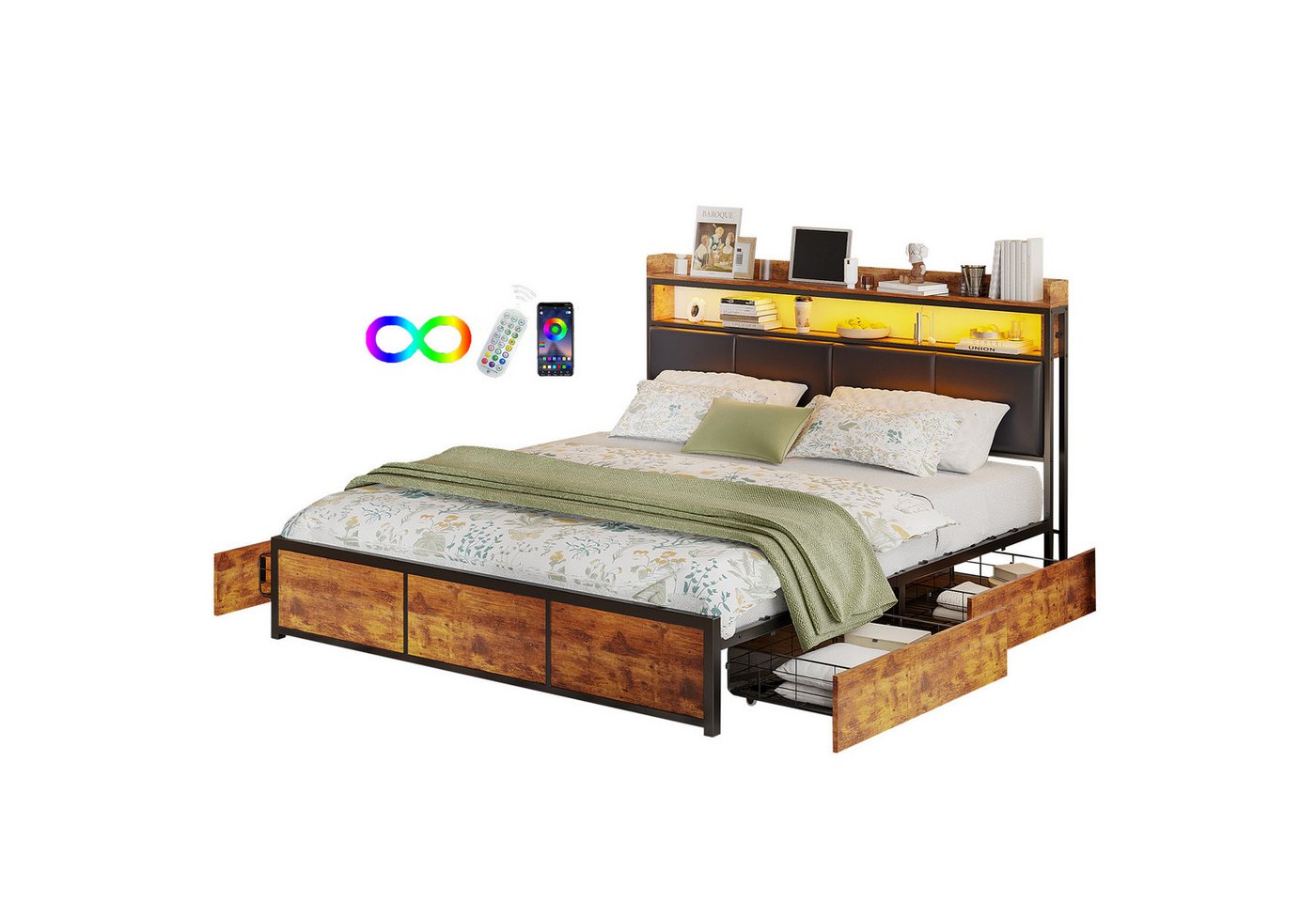 FUROKOY Polsterbett Doppelbett,Bettgestell mit LED Kopfteil (Holzbett mit Metall, 1-tlg., mit 4 Schubladen), 160x200cm,Staufunktion von FUROKOY