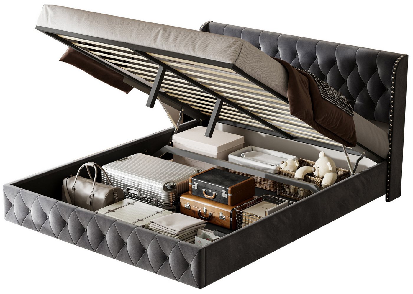 FUROKOY Polsterbett Doppelbett Hydraulisch Stauraumbett mit Bettkasten und Lattenrost (1-tlg), 160x200 cm,Mit Stauraum,Samtmaterial,Nietenwellenmuster,Dunkelgrau von FUROKOY