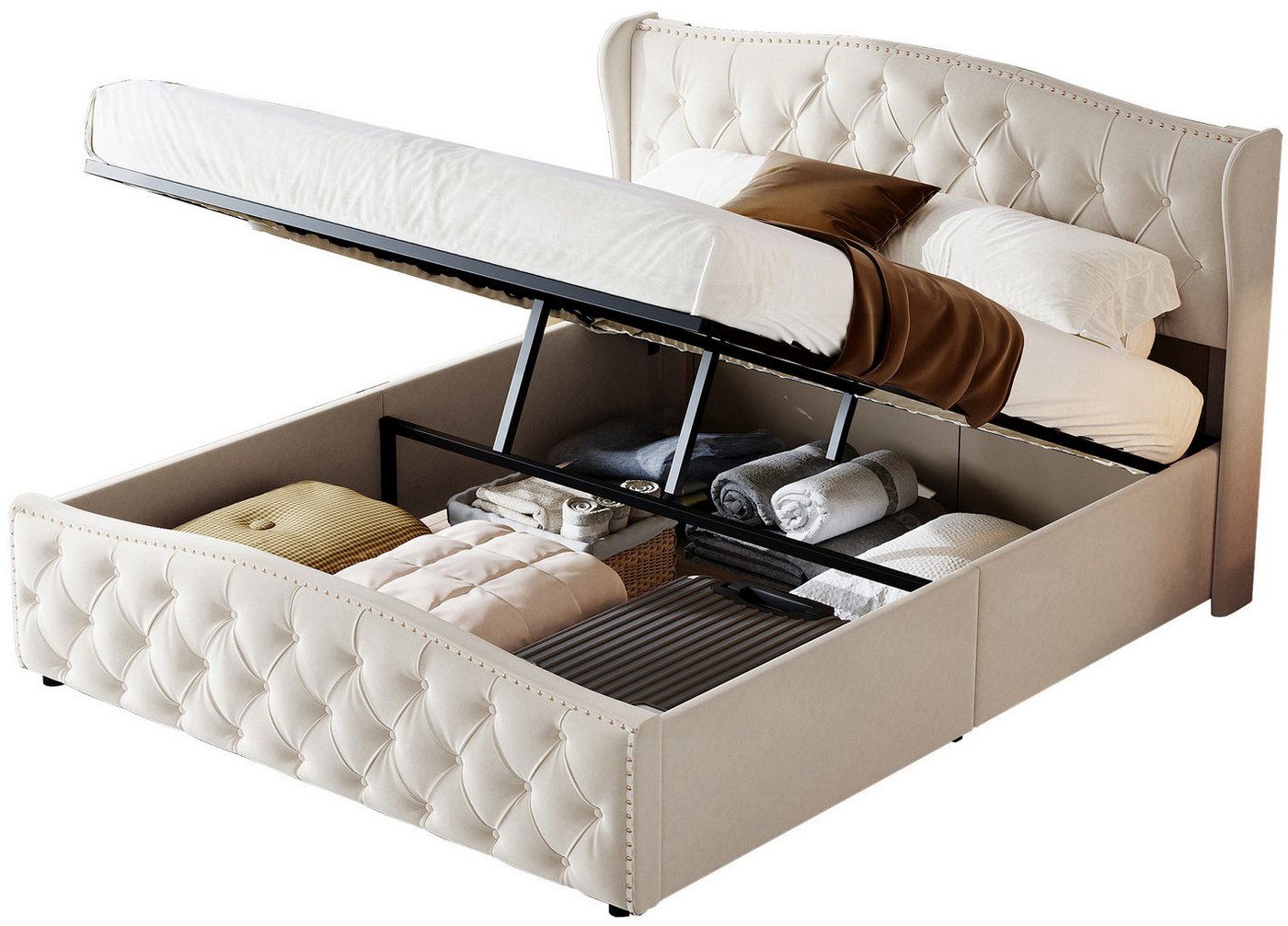 FUROKOY Polsterbett Doppelbett Hydraulisch Stauraumbett mit Bettkasten und Lattenrost (Bettgestell, 1-tlg), 160x200 cm,Mit Stauraum,Samtmaterial,Nietenwellenmuster,Beige von FUROKOY