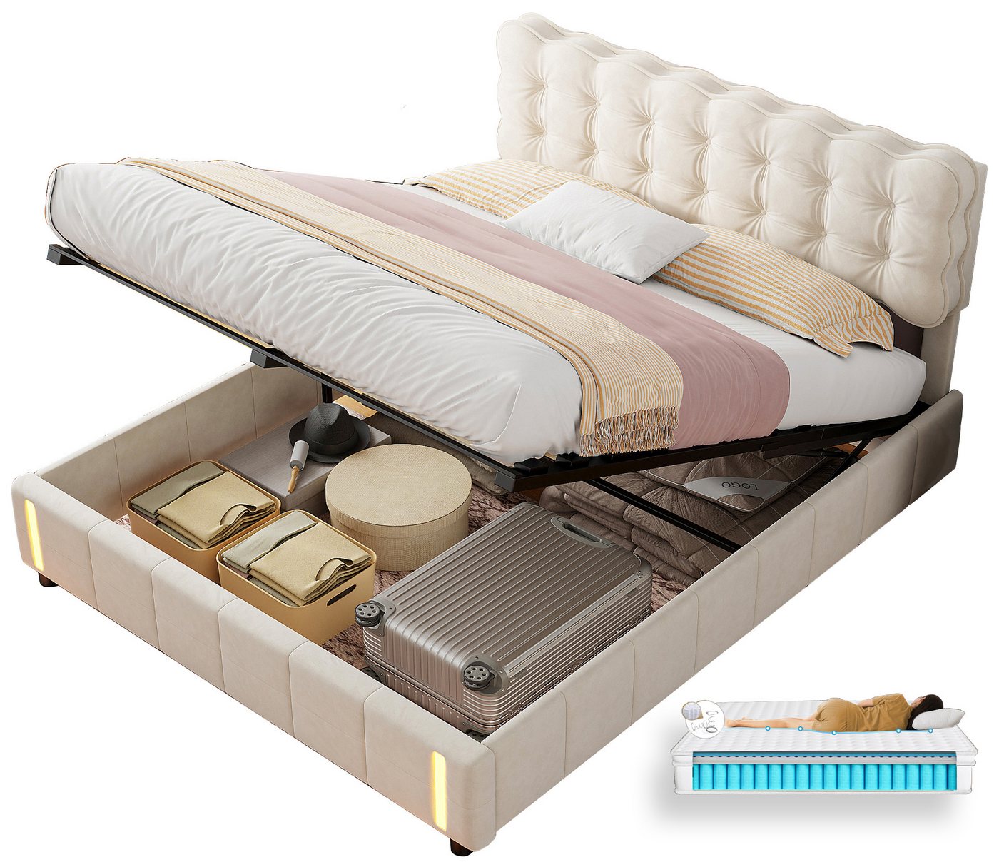 FUROKOY Polsterbett Doppelbett Hydraulisch Stauraumbett mit Bettkasten und Lattenrost (Bettgestell, 1-tlg., Mit Sensorlicht für den menschlichen Körper), 140x200 cm,LED Licht,mit Stauraum,Samtmaterial,Beige,Mit Matratze von FUROKOY