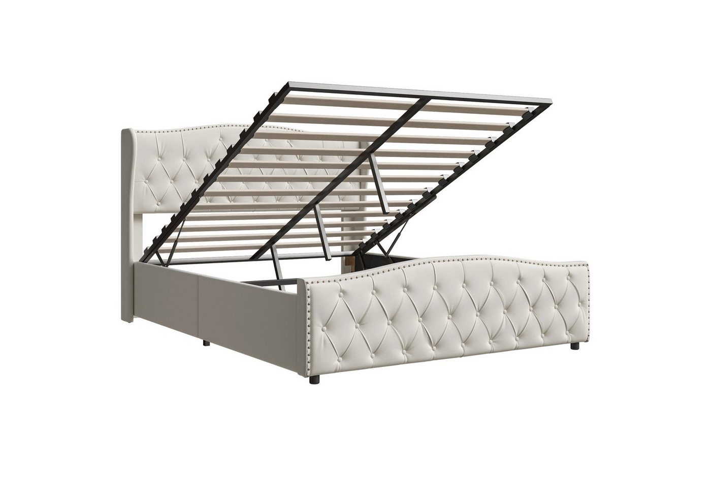 FUROKOY Polsterbett Doppelbett Hydraulischer Stauraumbett (Polsterbett 140x200cm ohne Matratze), (Ohrenform,Nietenreihe,Samt, Knopfnähte Kopf-und Fußende,Grau) von FUROKOY