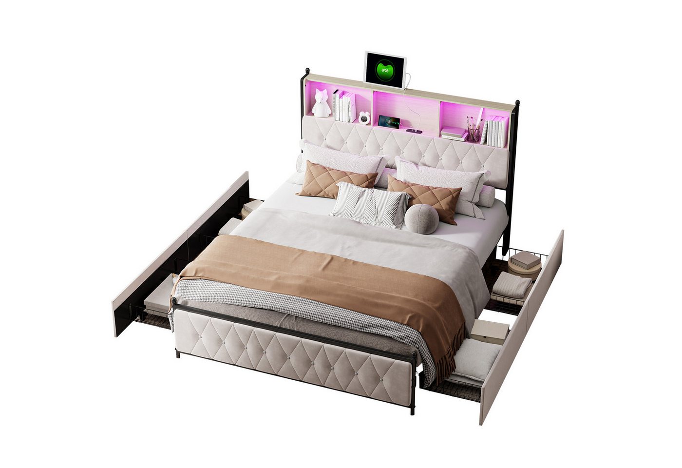 FUROKOY Polsterbett Doppelbett LED-Beleuchtung Schubladenbett mit 4 Schubladen (180x200cm mit Lattenrost, Kopfteil,Samtbett), (1 USB-Anschlüssen + 1 Typ-c),ohne Matratze von FUROKOY