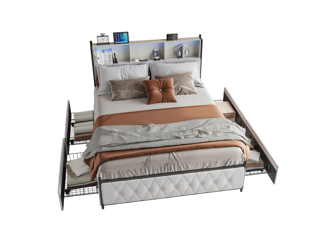FUROKOY Polsterbett Doppelbett Lichtleiste und 4 Schubladen, Kopfteil mit Stauraum (Packung, 1-tlg., 140x200cm,Ohne Matratze,Beige), Metallbett,Ladeanschluss (USB, Typ-C) von FUROKOY
