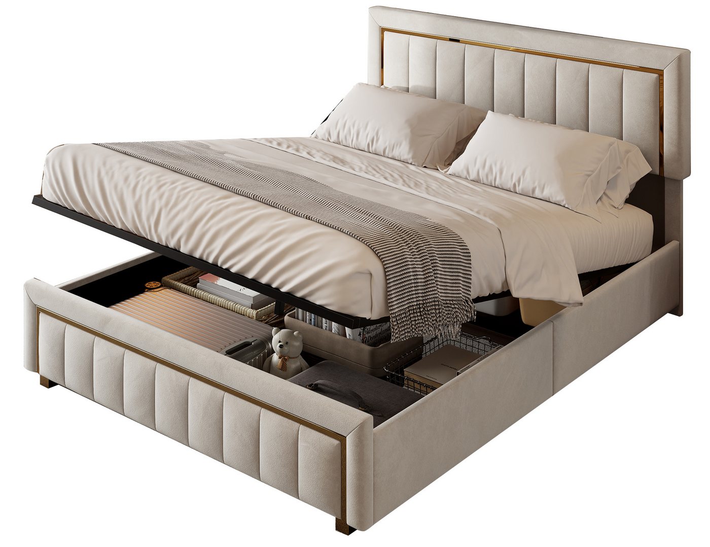 FUROKOY Polsterbett Doppelbett Stauraumbett Hydraulisch anhebbarer Samtmaterial Beige, 140x200 cm,Mit Stauraum,Ohne Matratze,Vertikale Linien,Goldrand FUROKOY Polsterbett Doppelbett Stauraumbett Hydraulisch anhebbarer Samtmaterial Beige, 140x200 cm,Mit Stauraum,Ohne Matratze,Vertikale Linien,Goldrand von FUROKOY