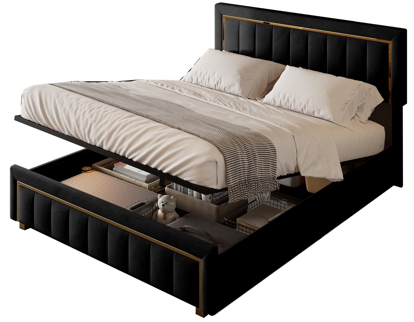 FUROKOY Polsterbett Doppelbett Stauraumbett Hydraulisch anhebbarer Samtmaterial Beige, 160x200 cm,Mit Stauraum,Ohne Matratze,Vertikale Linien,Goldrand FUROKOY Polsterbett Doppelbett Stauraumbett Hydraulisch anhebbarer Samtmaterial Beige, 160x200 cm,Mit Stauraum,Ohne Matratze,Vertikale Linien,Goldrand von FUROKOY