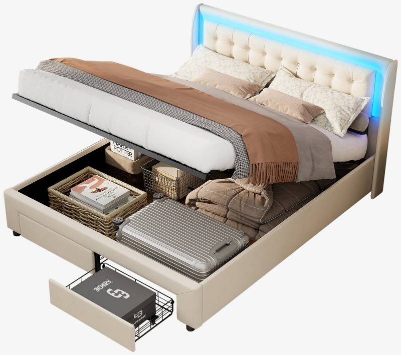 FUROKOY Polsterbett Doppelbett Stauraumbett Hydraulisch anhebbarer Samtmaterial Beige, Liegefläche 140x200 cm,Gepolstert,Weich und bequem von FUROKOY