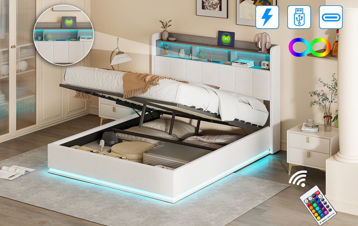FUROKOY Polsterbett Doppelbett Stauraumbett Hydraulisch anhebbarer USB+Typec und RGB-Licht, 160x200 cm,Stauraum,Gepolstert,Weich und bequem,Material Samt,Beige von FUROKOY
