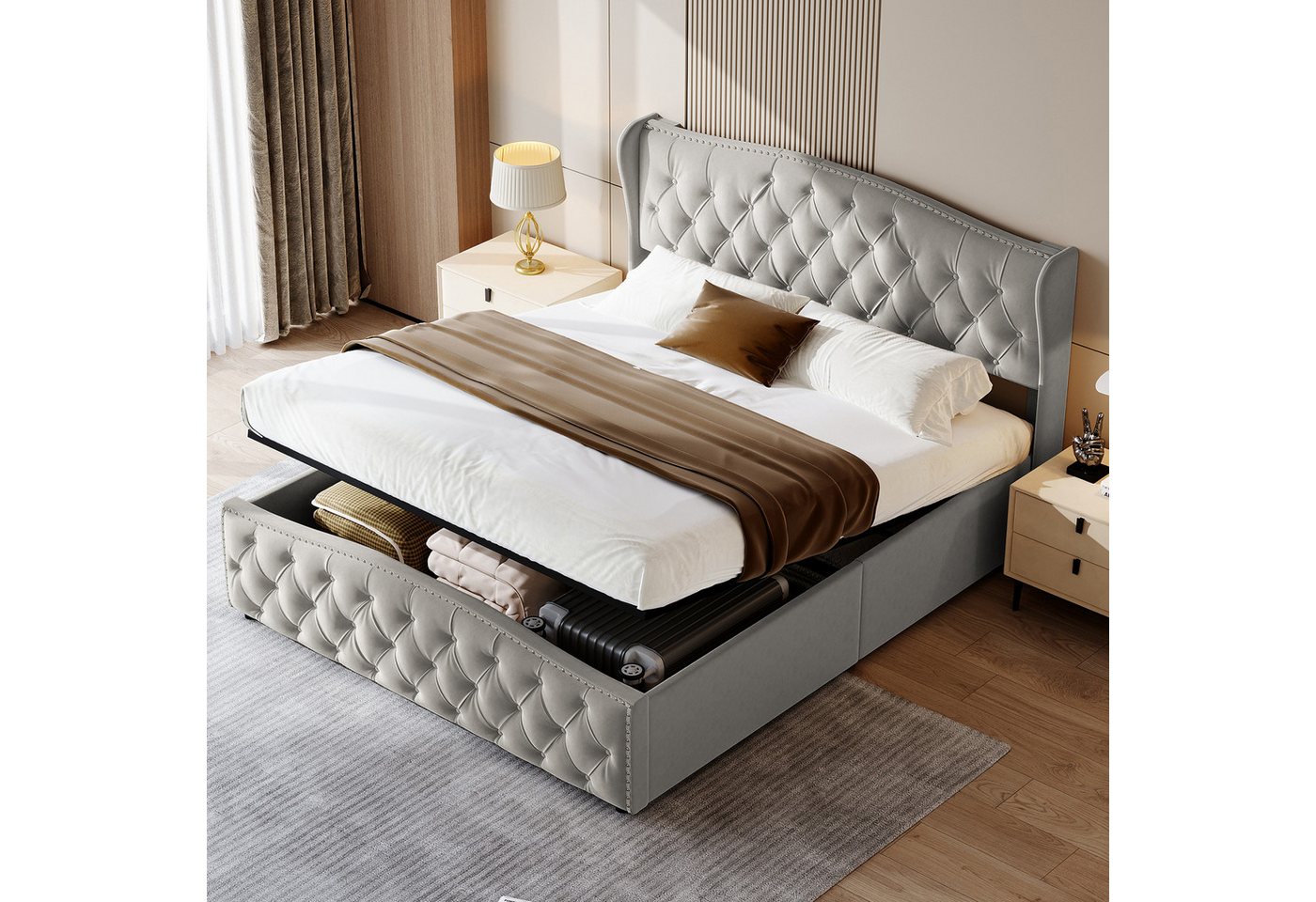 FUROKOY Polsterbett Doppelbett Stauraumbett Hydraulisch anhebbarer mit Gepolstert, 140x200 cm,Mit Stauraum,Ohne Matratze,Samtmaterial,Nietenwellenmuster FUROKOY Polsterbett Doppelbett Stauraumbett Hydraulisch anhebbarer mit Gepolstert, 140x200 cm,Mit Stauraum,Ohne Matratze,Samtmaterial,Nietenwellenmuster von FUROKOY