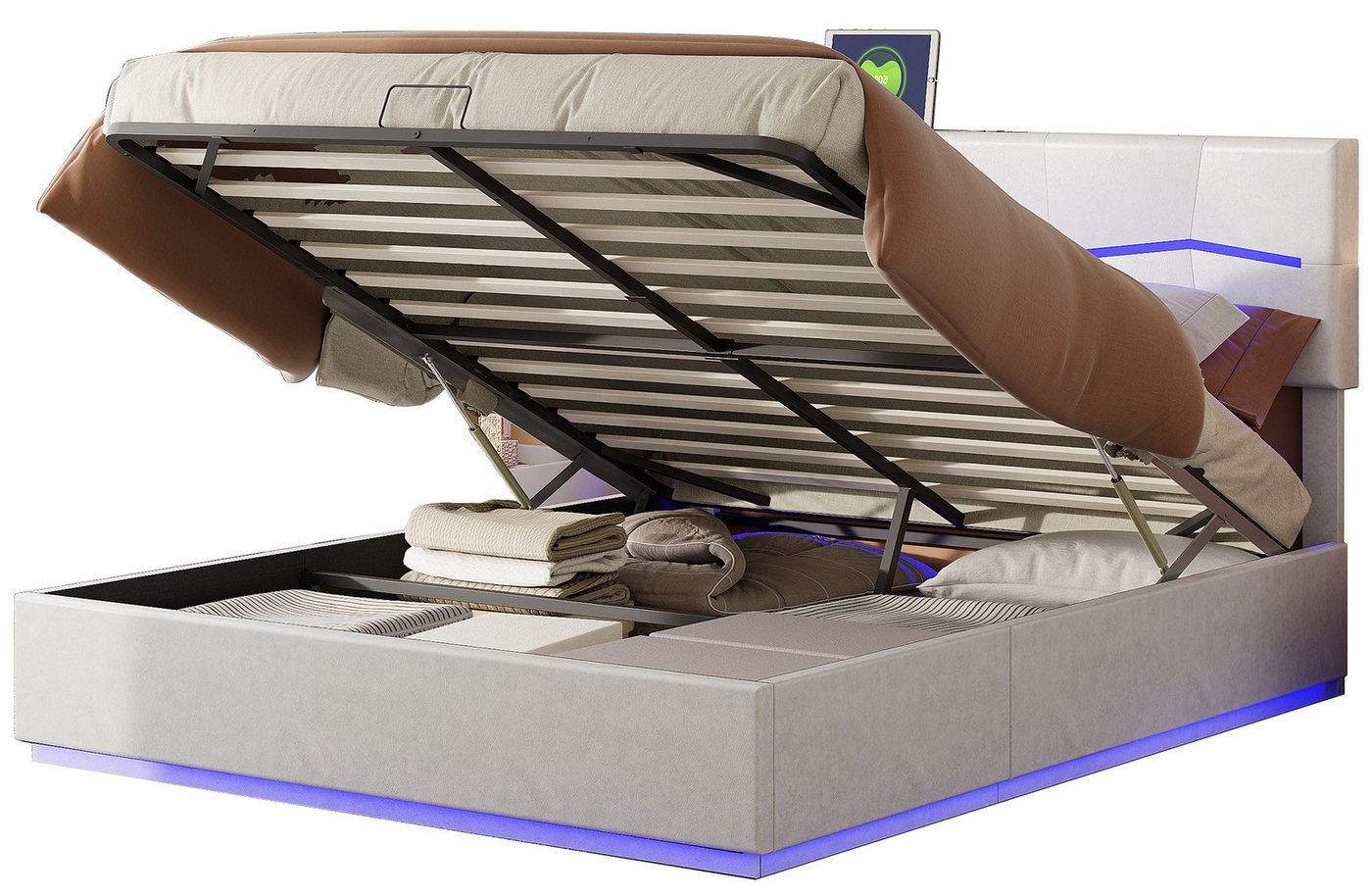 FUROKOY Polsterbett Doppelbett Stauraumbett Hydraulisch anhebbarer mit LED-Beleuchtung, 160x200 cm,Gepolstert,Kunstleder,Weiß,Weich und bequem von FUROKOY