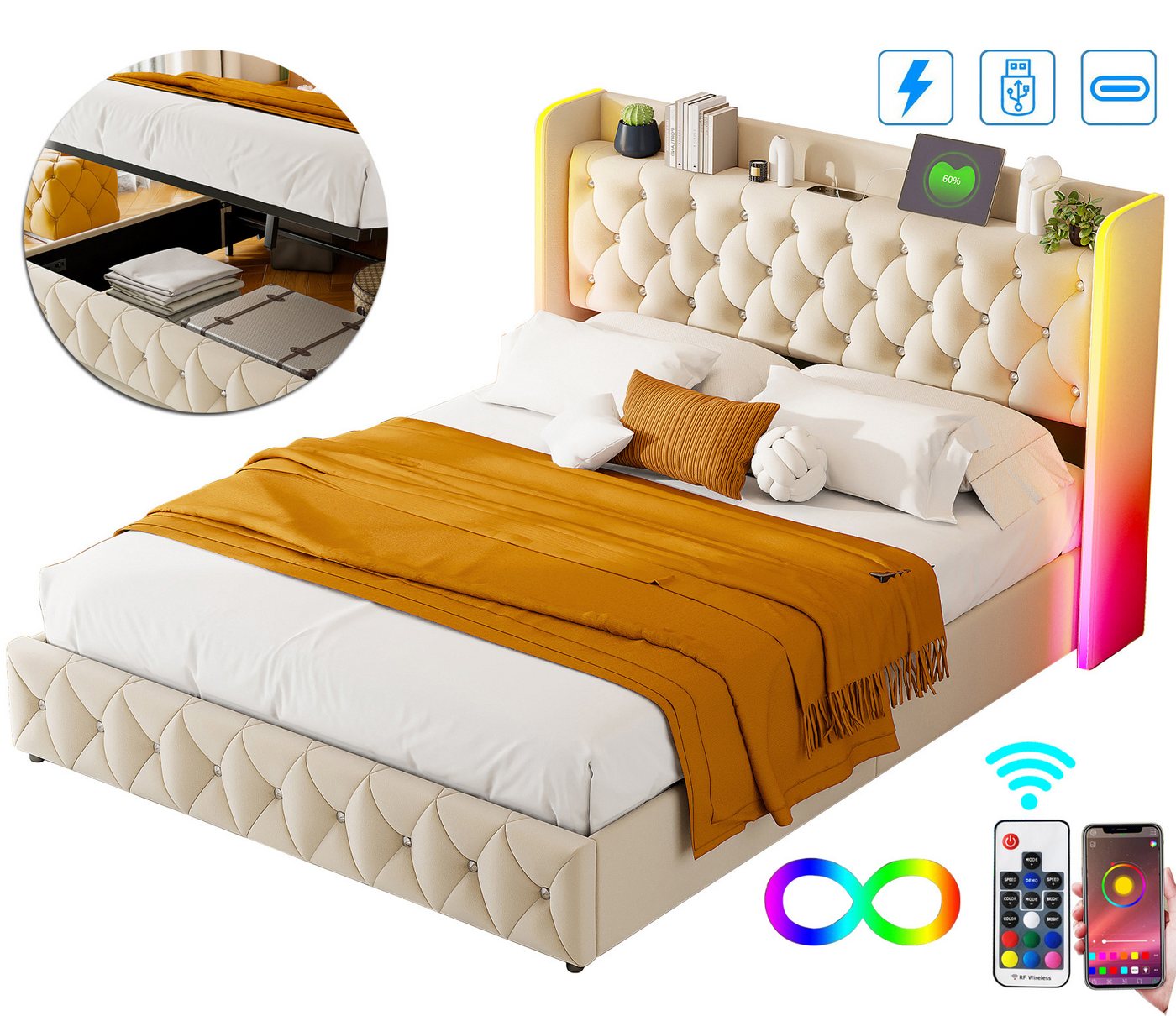 FUROKOY Polsterbett Doppelbett Stauraumbett Hydraulisch anhebbarer mit LED Beleuchtung, 160x200 cm,mit USB und Type-C,Stauraum,Samtstoff,Beige von FUROKOY