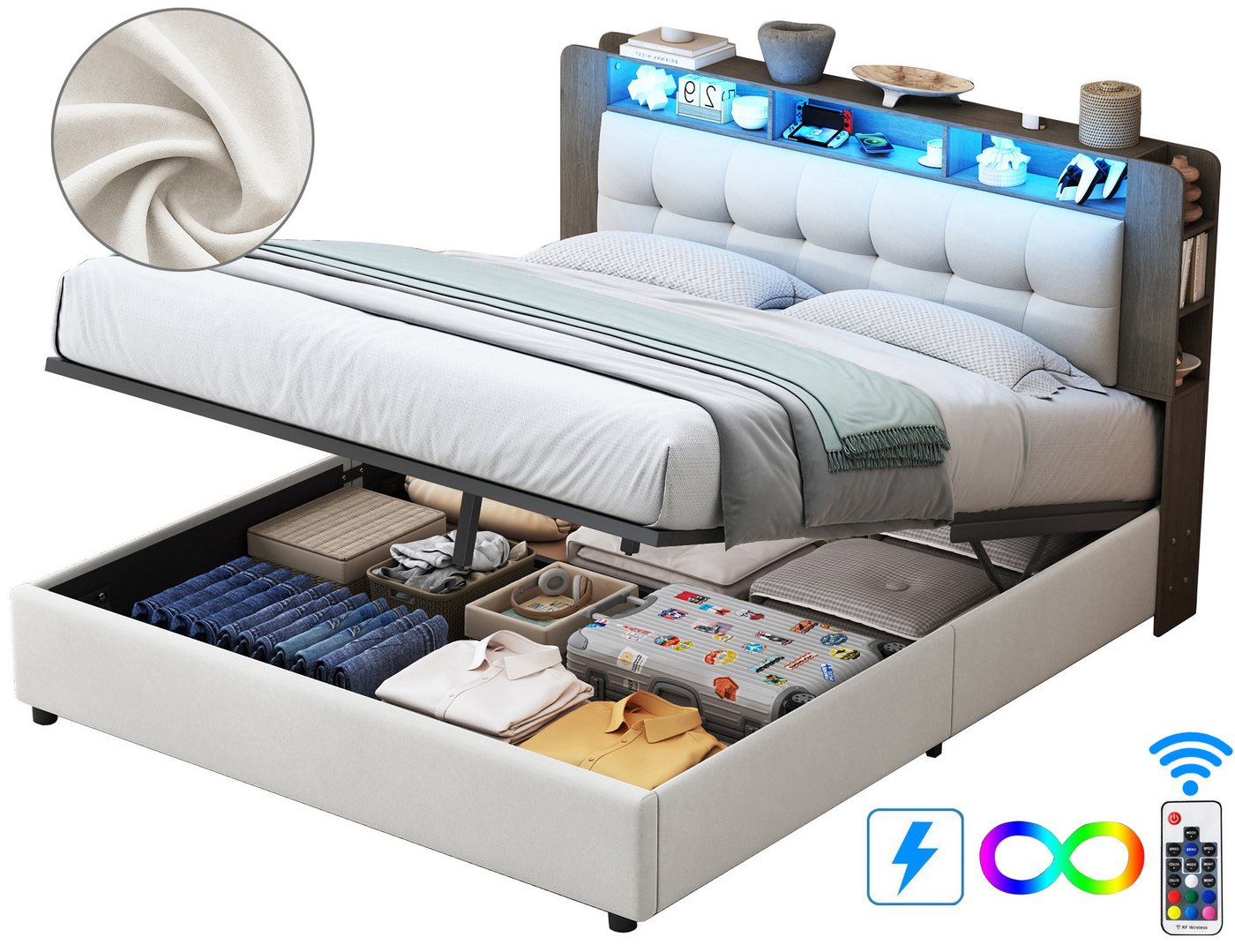 FUROKOY Polsterbett Doppelbett Stauraumbett Kopfteil mit Stauraum und kabellosem Ladegerät (Bettgestell, 1-tlg., mit LED-Beleuchtung und Gasdruckfeder-Stauraum), Boxspringbett  Jugendbett in Elfenbein mit Samt-Rückenlehne von FUROKOY