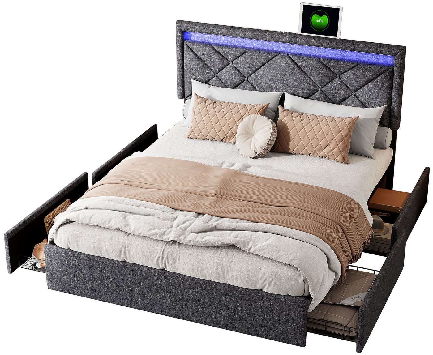 FUROKOY Polsterbett Doppelbett Stauraumbett Mit LED-Beleuchtung USB+TYPE-C Leinenmaterial, 160x200 cm,mit 4 Schubladen mit Rädern,Gepolstert,Grau von FUROKOY