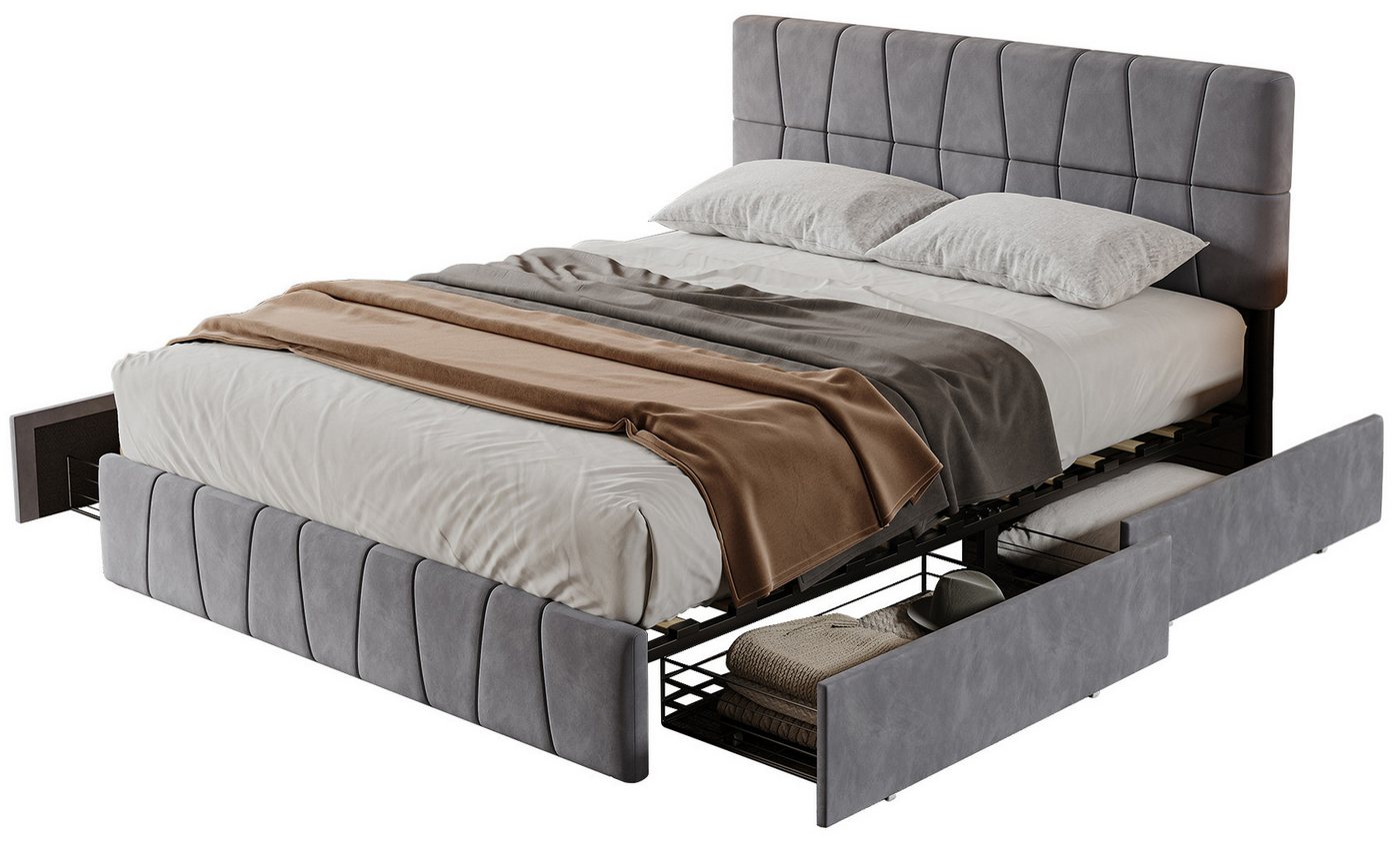 FUROKOY Polsterbett Doppelbett Stauraumbett mit 4 Schubladen (Mit Kopfteil und Lattenrost, Multifunktionales Bett), 160x200 cm,Samt,Jugendbett mit höhenverstellbaren kopfteil,Grau von FUROKOY