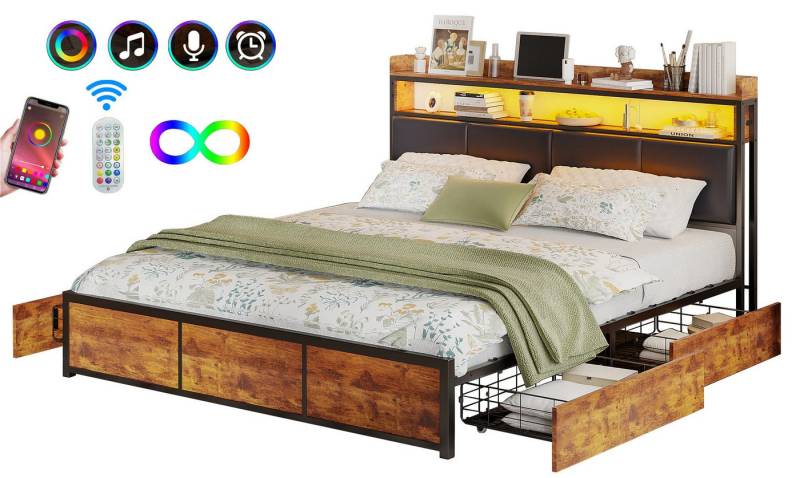FUROKOY Polsterbett Doppelbett Stauraumbett mit 4 Schubladen (Mit Kopfteil und Lattenrost, Multifunktionales Bett aus Fernsteuerung-gesteuerte LED), 140x200 cm,LED-Licht,Schubladen mit Rädern,Kunstleder von FUROKOY