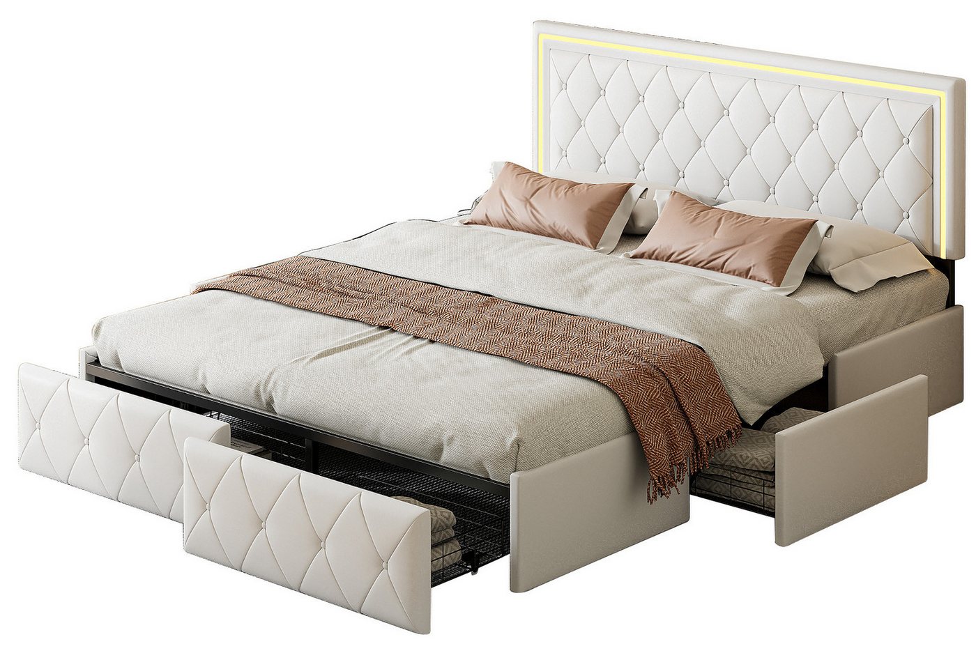 FUROKOY Polsterbett Doppelbett Stauraumbett mit 4 Schubladen LED-Beleuchtung Kunstleder, 160x200 cm,Gepolstert,Gute Atmungsaktivita,Schubladen mit Rädern,Beige FUROKOY Polsterbett Doppelbett Stauraumbett mit 4 Schubladen LED-Beleuchtung Kunstleder, 160x200 cm,Gepolstert,Gute Atmungsaktivita,Schubladen mit Rädern,Beige von FUROKOY