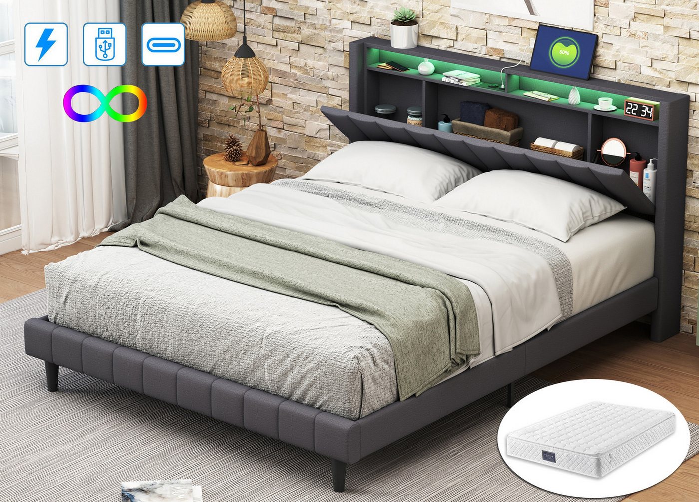 FUROKOY Polsterbett Doppelbett Stauraumbett mit LED-Beleuchtung und USB+Type C (Jugendbett, 1-tlg., Bettgestell Mit Kopfteil und Lattenrost), 140x200 cm,Gepolstert,mit Ladesteck,Leinenmaterial,Mit Matratze von FUROKOY