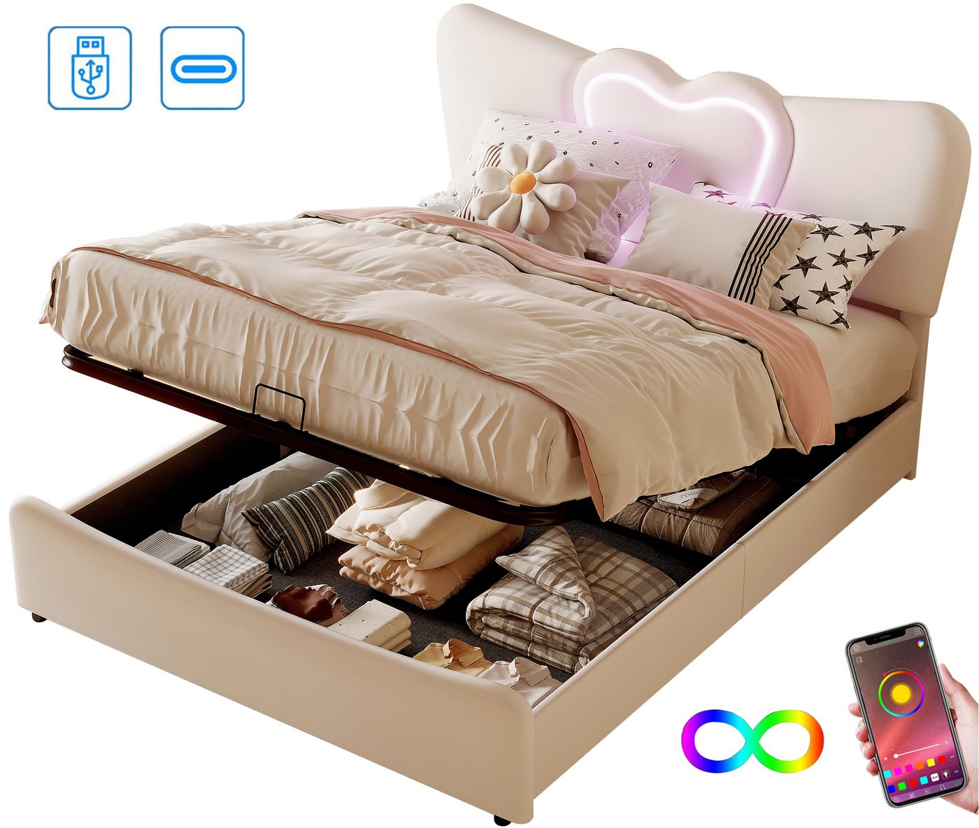 FUROKOY Polsterbett Doppelbett Stauraumbett mit Lattenrost und hydraulischen Stützen (Bettgestell, Beige), 140x200 cm,Gepolstert,Samt,Mit USB -Ladefunktion,RGB-Beleuchtung von FUROKOY