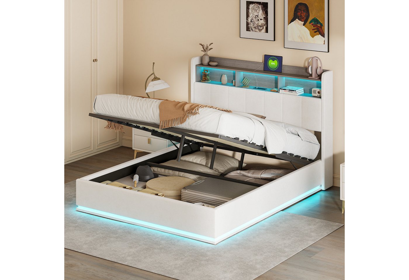 FUROKOY Polsterbett Doppelbett Stauraumbett mit Lattenrost und hydraulischen Stützen, 160x200 cm,LED-Beleuchtung,USB+Type C,Gepolstert,Material Samt,Beige FUROKOY Polsterbett Doppelbett Stauraumbett mit Lattenrost und hydraulischen Stützen, 160x200 cm,LED-Beleuchtung,USB+Type C,Gepolstert,Material Samt,Beige von FUROKOY