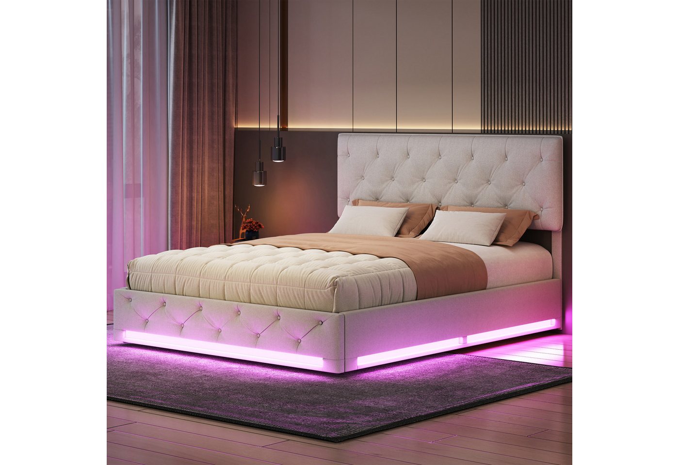 FUROKOY Polsterbett Doppelbett Stauraumbett mit Lattenrost und hydraulischen Stützen, 160x200 cm,LED-Beleuchtung,mit Stauraum,Gepolstert,Leinenmaterial FUROKOY Polsterbett Doppelbett Stauraumbett mit Lattenrost und hydraulischen Stützen, 160x200 cm,LED-Beleuchtung,mit Stauraum,Gepolstert,Leinenmaterial von FUROKOY