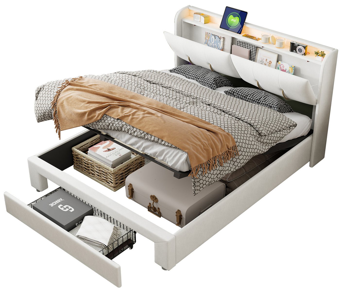 FUROKOY Stauraumbett Doppelbett Polsterbett mit Lattenrost und hydraulischen Stützen, 160x200 cm,mit USB+Type C,LED-Beleuchtung,Samt,Schubladen FUROKOY Stauraumbett Doppelbett Polsterbett mit Lattenrost und hydraulischen Stützen, 160x200 cm,mit USB+Type C,LED-Beleuchtung,Samt,Schubladen von FUROKOY