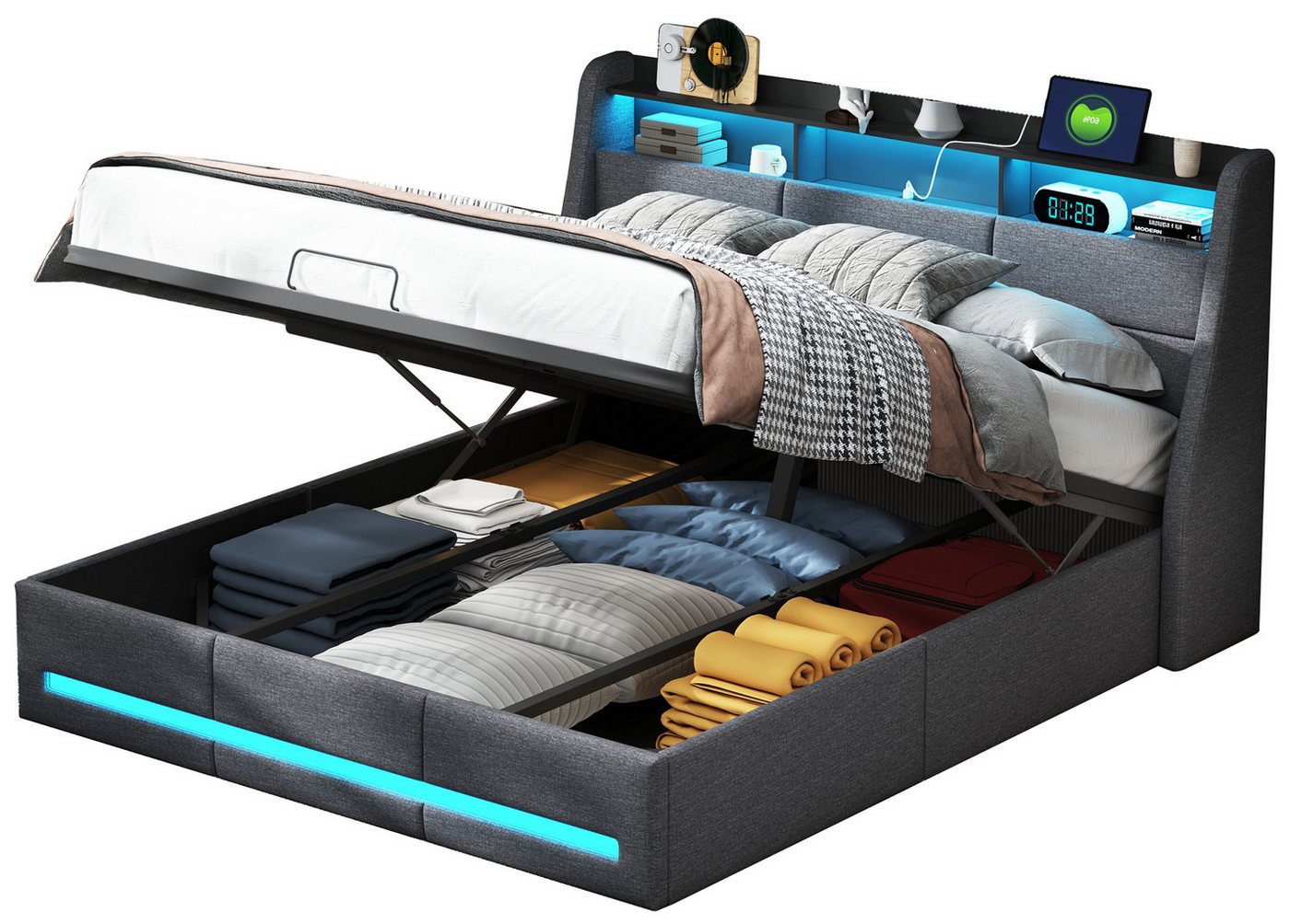 FUROKOY Polsterbett Doppelbett Stauraumbett mit Luftdruck-Hubstange mit USB+Type C Grau, 140x190 cm,mit Stauraum,Gepolstert,mit LED Licht,Leinenmaterial von FUROKOY