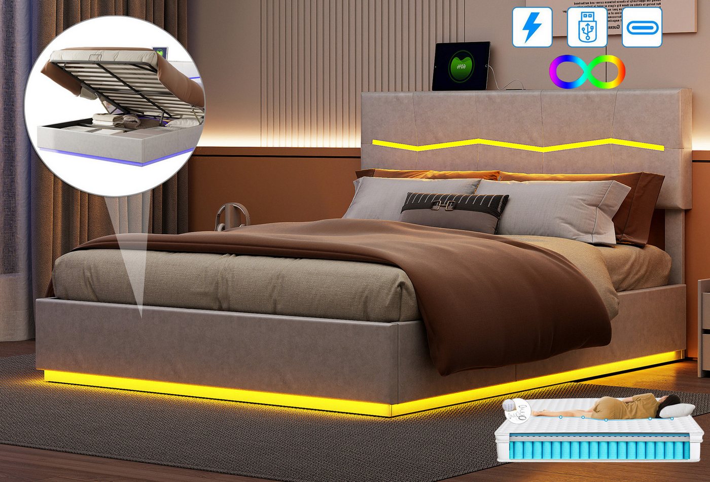 FUROKOY Polsterbett Doppelbett Stauraumbett mit USB+Type C und LED-Beleuchtung (Jugendbett, mit Kopfteil und Lamellen), 140x200 cm,Gepolstert,Kunstleder,Beige,Mit Matratze FUROKOY Polsterbett Doppelbett Stauraumbett mit USB+Type C und LED-Beleuchtung (Jugendbett, mit Kopfteil und Lamellen), 140x200 cm,Gepolstert,Kunstleder,Beige,Mit Matratze von FUROKOY