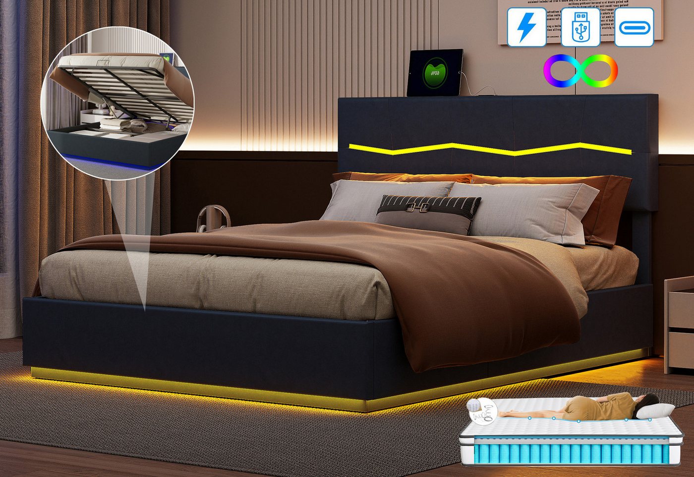 FUROKOY Polsterbett Doppelbett Stauraumbett mit USB+Type C und LED-Beleuchtung, 140x200 cm,Gepolstert,Kunstleder,Schwarz,Mit Matratze FUROKOY Polsterbett Doppelbett Stauraumbett mit USB+Type C und LED-Beleuchtung, 140x200 cm,Gepolstert,Kunstleder,Schwarz,Mit Matratze von FUROKOY