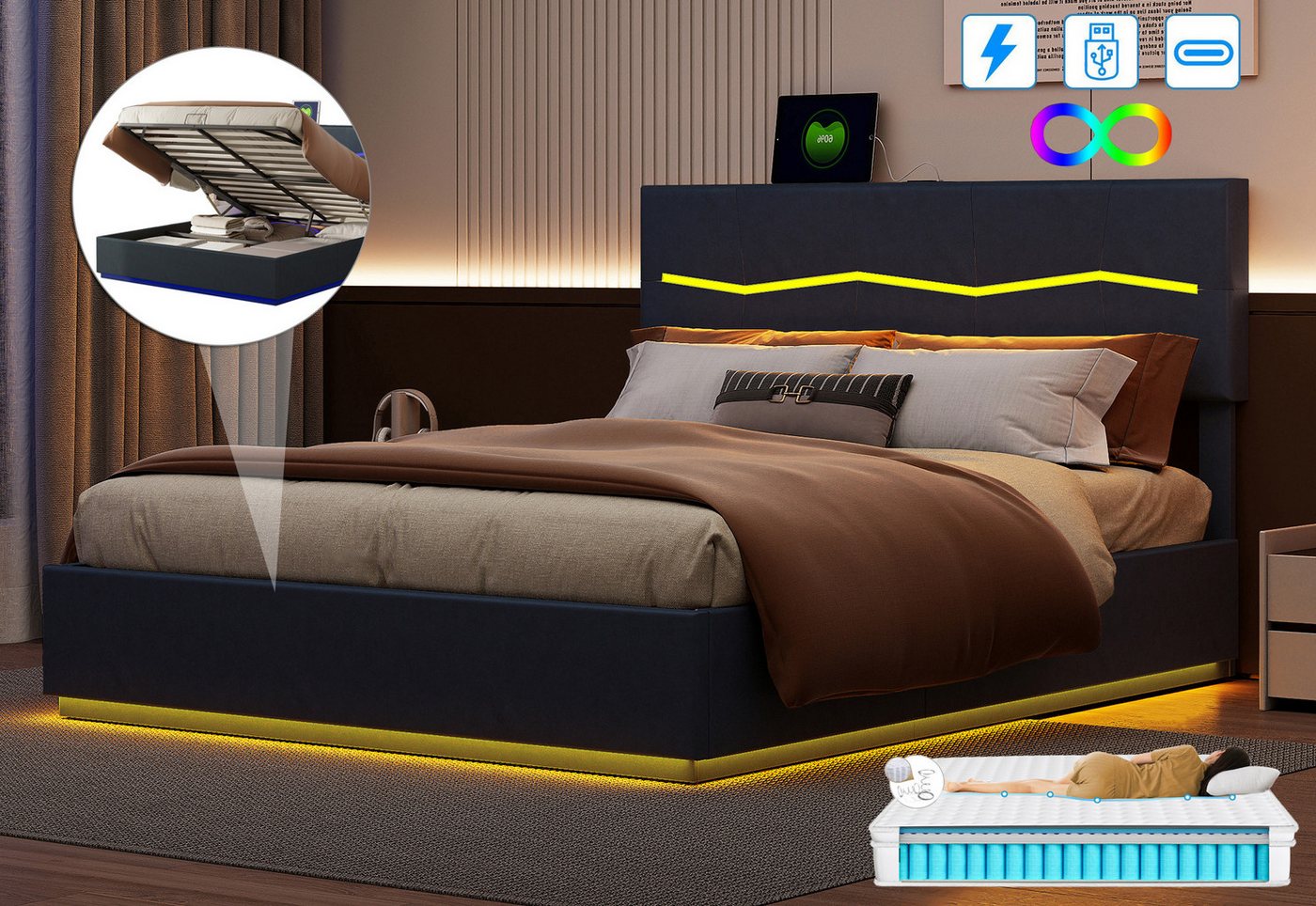 FUROKOY Polsterbett Doppelbett Stauraumbett mit USB+Type C und LED-Beleuchtung (Jugendbett, mit Kopfteil und Lamellen), 140x200 cm,Gepolstert,Kunstleder,Schwarz,Mit Matratze FUROKOY Polsterbett Doppelbett Stauraumbett mit USB+Type C und LED-Beleuchtung (Jugendbett, mit Kopfteil und Lamellen), 140x200 cm,Gepolstert,Kunstleder,Schwarz,Mit Matratze von FUROKOY