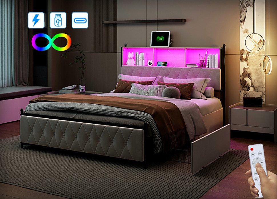 FUROKOY Polsterbett Doppelbett Stauraumbett mit USB+Type C und LED-Beleuchtung, 160x200 cm,Gepolstert,Schubladen mit Rädern,Samt von FUROKOY