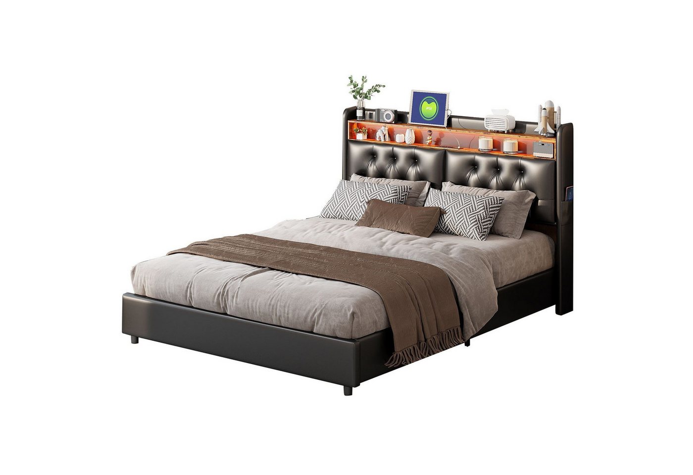FUROKOY Polsterbett Doppelbett mit Beleuchtung und USB, hydraulisches Stauraumbett (Packung, 1-tlg), 160 x 200 cm, schwarz,PU-Material, 2 seitliche Aufbewahrungstaschen von FUROKOY