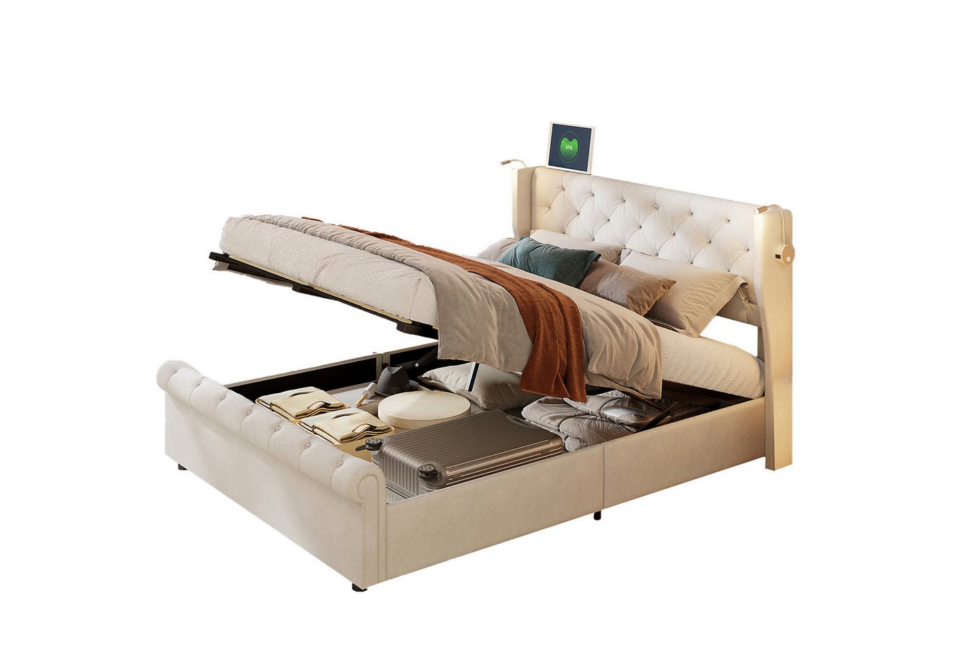 FUROKOY Polsterbett Hydraulisch Doppelbett (140x200cm Stauraumbett mit Leselicht und USB Ladefunktion), samt,ohne Matratze, Beige von FUROKOY
