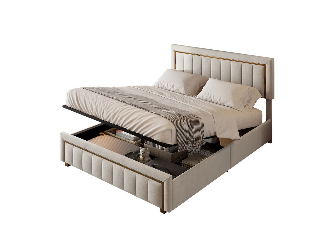 FUROKOY Polsterbett Hydraulisches Doppelbett Kiefernholzbett Funktionsbett Stauraumbett (160x200cm Jugendbett mit Lattenrost, Kopfteil,Bettkaste,Samt), ohne Matratze von FUROKOY
