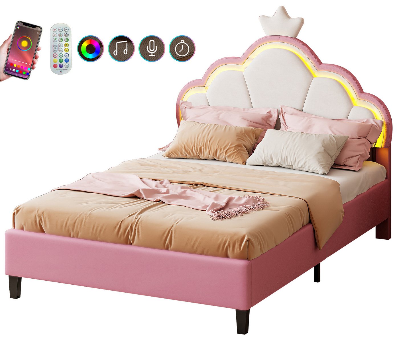 FUROKOY Polsterbett Kinderbett mit LED Kronenbett und anhebbarem Kopfteil Kronenform (Prinzessinbett Kinderbett Jugendbett aus Samt, 1-tlg., Einzelbett Bettgestell Nettes und verträumtes Mädchen Bett Rosa/Weiß), 90x200 cm,mit LED-Licht,Samt,Geeignet für Jugendliche und Kinder von FUROKOY