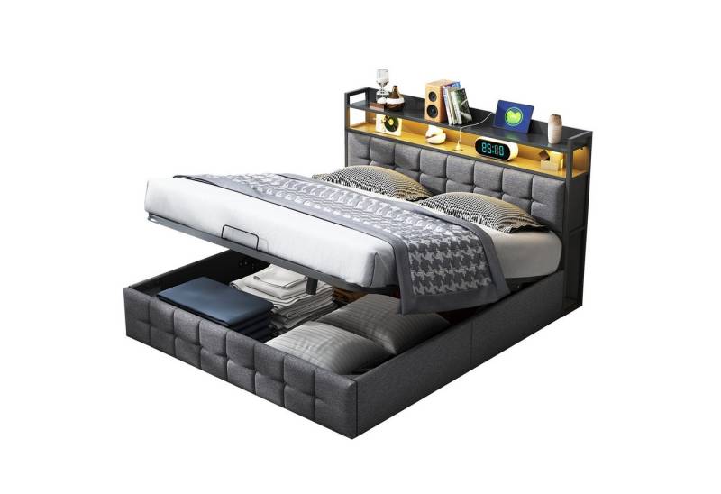 FUROKOY Polsterbett LED-Beleuchtung Hydraulisches Doppelbett, Leinen,160x200cm mit Ladefunktion (USB-und Typ-C) und Bettstauraum von FUROKOY