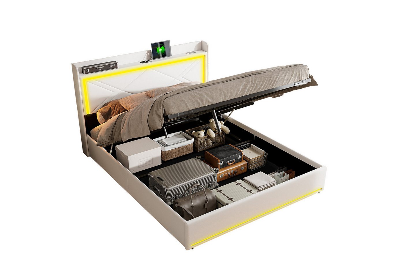 FUROKOY Polsterbett LED-Beleuchtung Kunstleder Hydraulisch Doppelbett Stauraum, 160x200cm mit USB Typ C Ladefunktion,Bettkasten,Weiß FUROKOY Polsterbett LED-Beleuchtung Kunstleder Hydraulisch Doppelbett Stauraum, 160x200cm mit USB Typ C Ladefunktion,Bettkasten,Weiß von FUROKOY