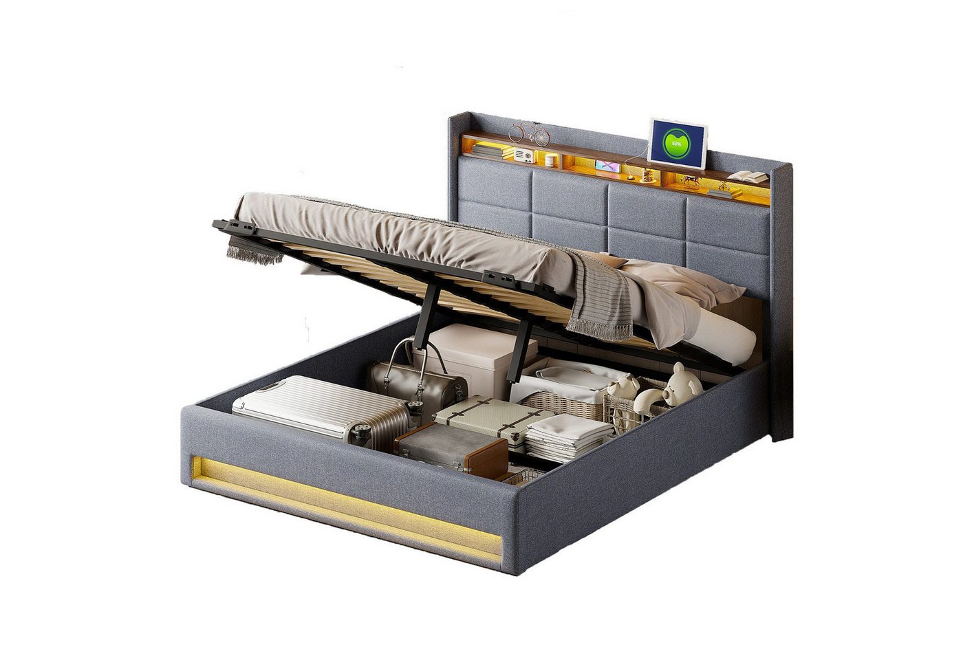 FUROKOY Polsterbett LED Doppelbett mit Ladefunktion, Stauraumkopfteil, (Hydraulischer Stauraumbett 140x200cm), mit USB-Laden und Typ-C,Leinen,Grau von FUROKOY